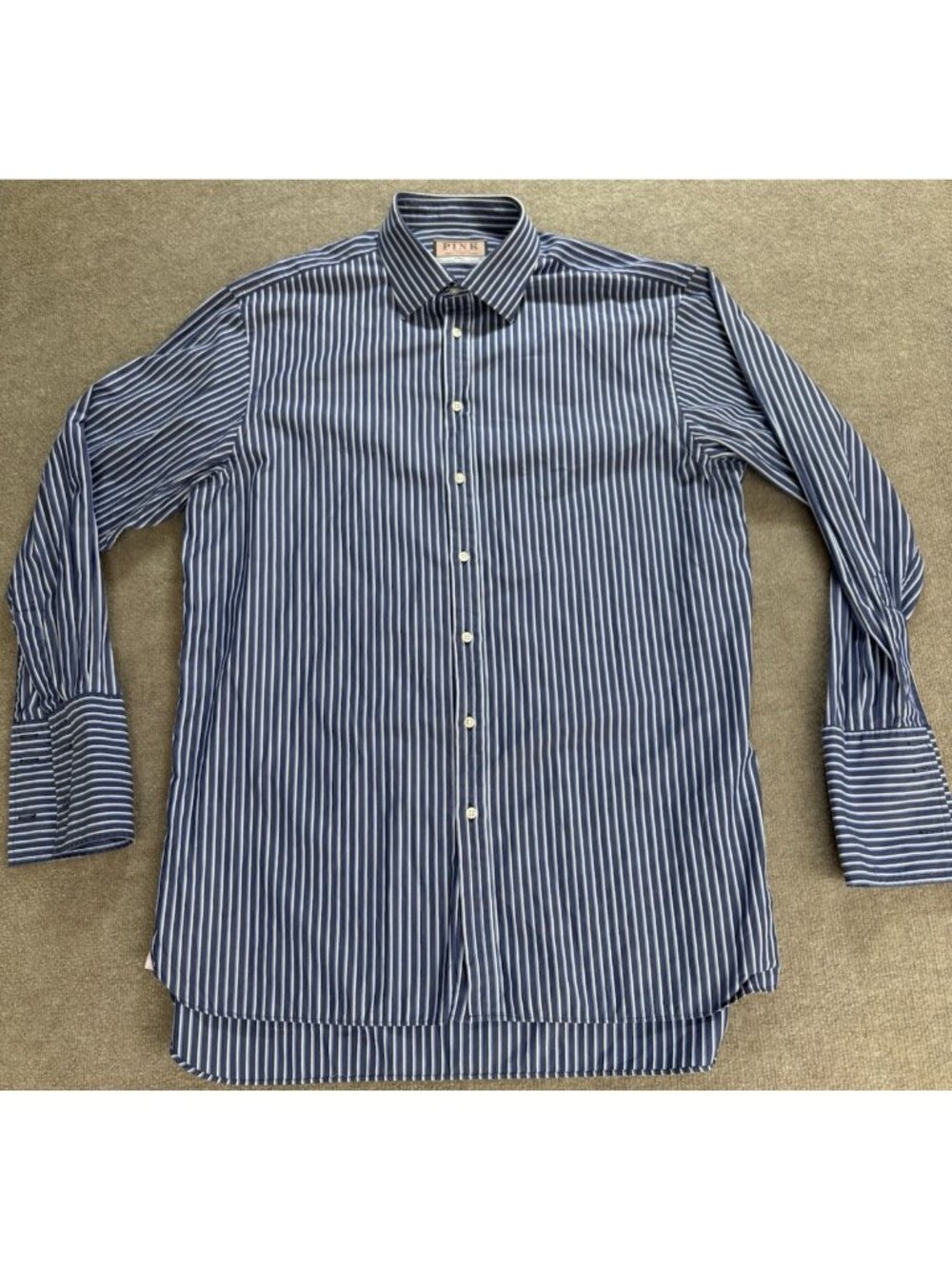 Thomas Pink Classic Shirt Men’s 17.5-35 1/2 Blue Striped Button Long Sleeve GUC